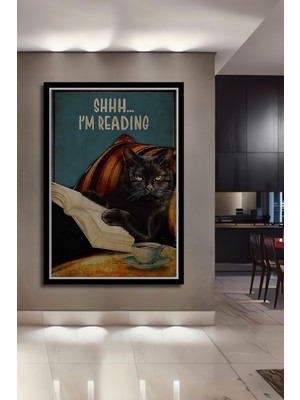 Siyah Kedi Kitap Okurken Ev,antre,salon,ofis,mutfak,yatak Odası Tablosu Çerçeve Görünümlü