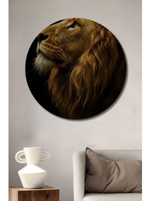 Aslan Yüce Kral Yağlı Boya Görünümlü Dekoratif Ahşap Tablo Yuvarlak Duvar Tablosu