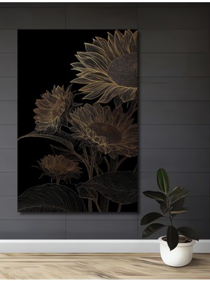 Altın Yaprak Ayçiçekleri Yağlı Boya Görünümlü Dekoratif Ahşap Ev,antre,salon,ofis,mutfak Tablo