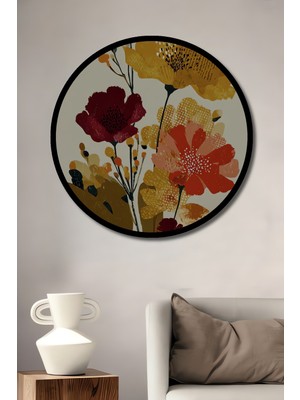 Bohem Çiçek Desenli Yağlı Boya Görünümlü Ahşap Tablo Yuvarlak Duvar Tablosu Çerçeve Görünümlü