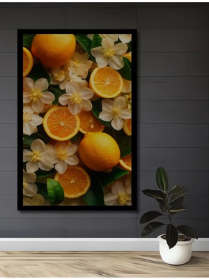 Cömert Portakallar ve Beyaz Çiçekler Yağlı Boya Görünümlü Ahşap Dekoratif  Tablo Çerçeve Görünümlü