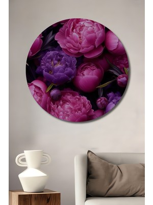 Mor ve Pembe Şakayıklar Yağlı Boya Görünümlü Dekoratif Ahşap Tablo Yuvarlak Duvar Tablosu