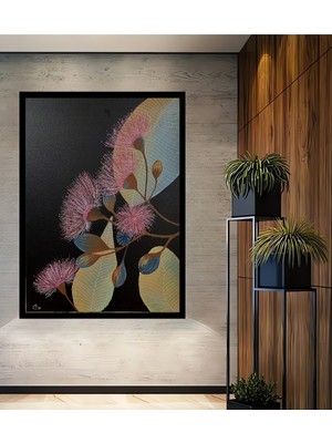 Pembe Çiçek Kırmızısı Yaprak Desenli Ahşap Ev,antre,ofis,mutfak,yatak Odası Tablo Çerçeve Görünümlü