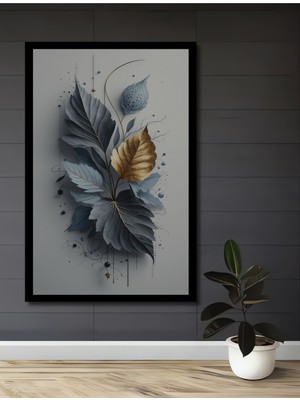 Altın Vurgulu Yaprak Buketi Yağlı Boya Görünümlü Ahşap Ev,antre,ofis,mutfak Tablo Çerçeve Görünümlü