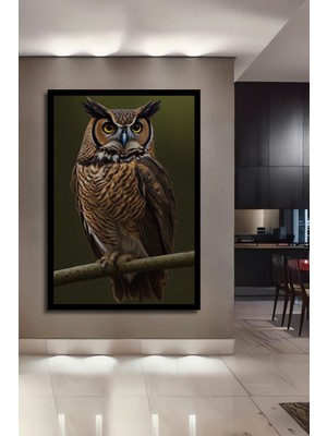 Görkemli Baykuş Yağlı Boya Görünümlü Ahşap Ev,antre,ofis,mutfak,yatak Odası Tablo Çerçeve Görünümlü