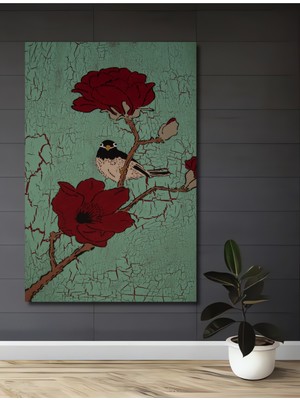 Kırmızı Çiçekli Kuş Temalı Yağlı Boya Görünümlü Dekoratif Ahşap Ev,antre,salon,ofis,mutfak Tablo