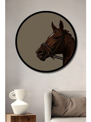 Asil At Baskısı Ahşap Dekoratif Tablo Yuvarlak Duvar Tablosu Çerçeve Görünümlü