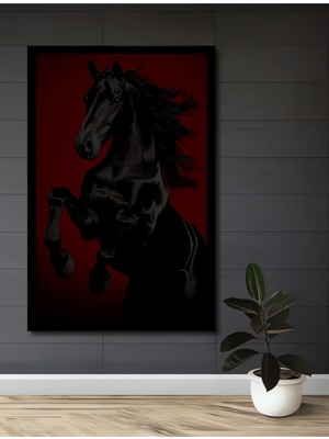 Asil Siyah At Yağlı Boya Görünümlü Ahşap Ev,antre,ofis,mutfak,yatak Odası Tablo Çerçeve Görünümlü