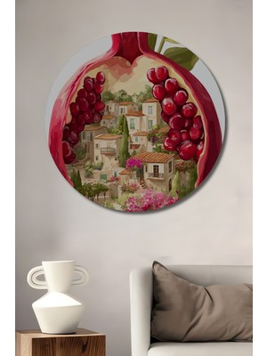 Narlı Manzaralı Sulu Boya Görünümlü Sanat Tablo Yuvarlak Duvar Tablosu