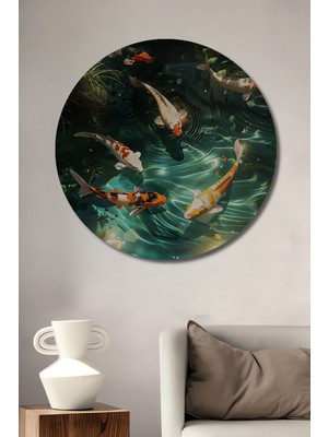 Yağlı Boya Görünümlü Koi Balıkları Ahşap Dekoratif Tablo Yuvarlak Duvar Tablosu