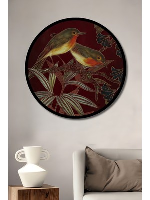 Kızıl Sığırcıklar ve Bitki Sanatı Ahşap Dekoratif Tablo Yuvarlak Duvar Tablosu Çerçeve Görünümlü