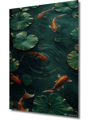 Saklı Bahçe Koi Balığı Yağlı Boya Görünümlü Ahşap Dekoratif Ev,antre,salon,ofis,mutfak Tablo