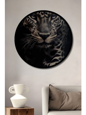 Büyüleyici Jaguar Yağlı Boya Görünümlü Ahşap Tablo Yuvarlak Duvar Tablosu Çerçeve Görünümlü