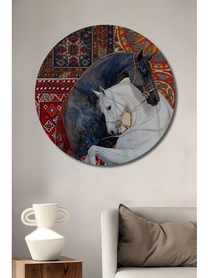 Iki At ve Güneş Kadın Desenli Ahşap Dekoratif Tablo Yuvarlak Duvar Tablosu