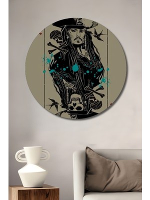 Jack Sparrow Kaptan Yağlı Boya Görünümlü Sanat Tablosu Yuvarlak Duvar Tablosu