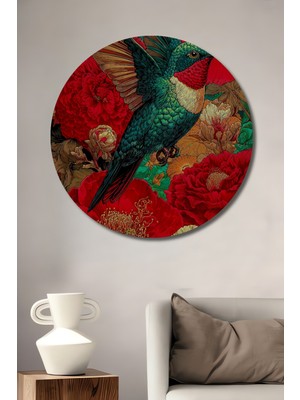 Büyüleyici Sinekkuşu ve Canlı Çiçekler Dijital Baskı Ahşap Dekoratif Tablo Yuvarlak Duvar Tablosu