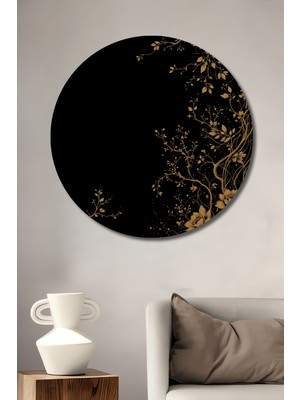 Altın Dal ve Çiçek Sanatı Görünümlü Ahşap Dekoratif Tablo Yuvarlak Duvar Tablosu