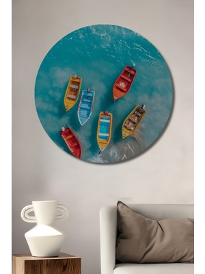 Renkli Tekne Güvertesi Sulu Boya Görünümlü Ahşap Dekoratif Tablo Yuvarlak Duvar Tablosu