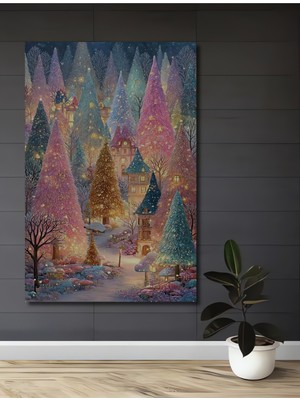 Rüyalar Diyarı Noel Ağaçları Sulu Boya Görünümlü Ahşap Dekoratif Ev,antre,salon,ofis,mutfak Tablo