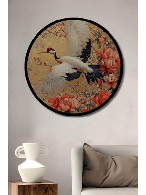 Görkemli Turna ve Şakayik Sanatı Yağlı Boya Görünüm Ahşap Tablo Yuvarlak Duvar Tablo Çerçeve Görünüm