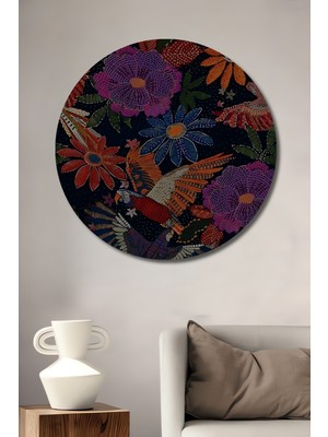 Tropikal Kuşlar ve Çiçekler Yağlı Boya Görünümlü Dekoratif Ahşap Tablo Yuvarlak Duvar Tablosu