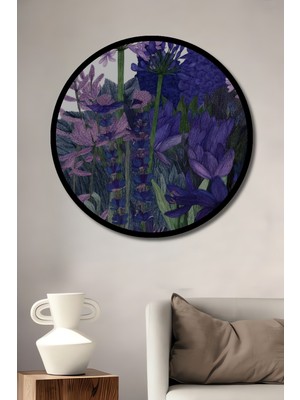Mor Salkımlı Çiçek Bahçesi Sulu Boya Görünümlü Ahşap Tablo Yuvarlak Duvar Tablosu Çerçeve Görünümlü