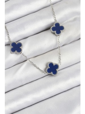 Shopwave 316L Çelik Zincir Gümüş Lacivert Renk Yonca Kadın Kolye - TJ-BKO10587