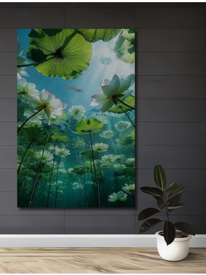 Su Altı Nilüfer ve Koi Balığı Yağlı Boya Görünümlü Ahşap Dekoratif Ev,antre,salon,ofis,mutfak Tablo