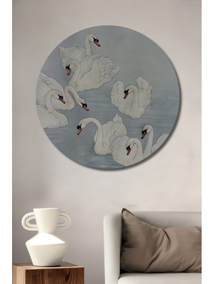 Kuğu Sürüsü Sulu Boya Görünümlü Sanat Tablosu Yuvarlak Duvar Tablosu