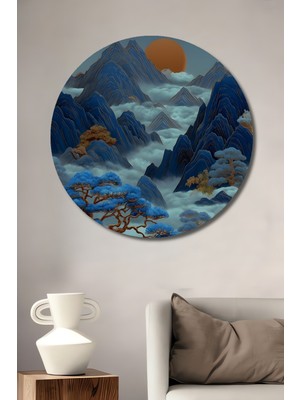 Büyülü Ormanlar ve Sisli Dağlar Sulu Boya Görünümlü Dekoratif Ahşap Tablo Yuvarlak Duvar Tablosu
