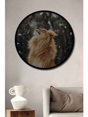 Aslan Karakalem Görünümlü Ahşap Dekoratif Tablo Yuvarlak Duvar Tablosu Çerçeve Görünümlü