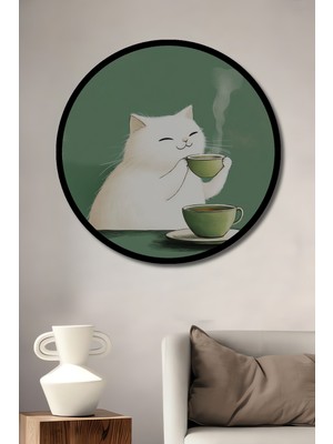 Beyaz Kedi Yeşil Çay Keyfi Suluboya Görünümlü Ahşap Tablo Yuvarlak Duvar Tablosu Çerçeve Görünümlü