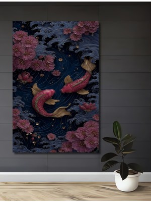 Altın Varaklı Pembe Koi Balıkları Çiçekli Dalga Desenli Yağlı Boya Görünümlü Ahşap Dekoratif Tablo