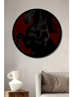 Asil Siyah At Yağlı Boya Görünümlü Dekoratif Ahşap Tablo Yuvarlak Duvar Tablosu Çerçeve Görünümlü