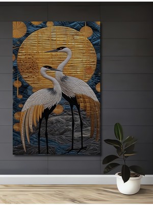 Altın Güneş ve Iki Leylek Yağlı Boya Görünümlü Dekoratif Ahşap Ev,antre,salon,ofis,mutfak Tablo