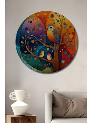 Canlı Renkler Yağlı Boya Görünümlü Kuşlu Soyut Sanat Ahşap Tablo Yuvarlak Duvar Tablosu