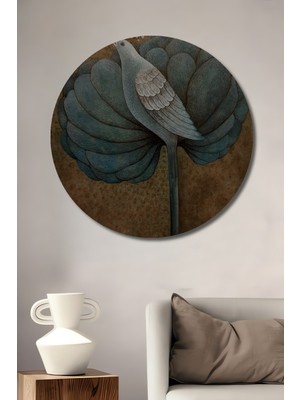 Mistik Kuş ve Bitki Desenli Suluboya Görünümlü Ahşap Dekoratif Tablo Yuvarlak Duvar Tablosu