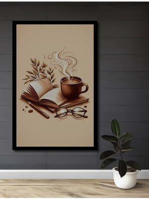 Kitap Kahve Gözlük Sanat Baskı Ahşap Ev,antre,salon,ofis,mutfak,yatak Odası Tablo Çerçeve Görünümlü