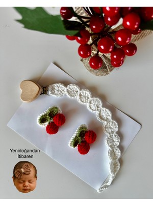 Livadesign7 Yenidoğan Saçsız Bebek Tokası ve Emzik Askısı El Emeği Örgü 3'lü Set