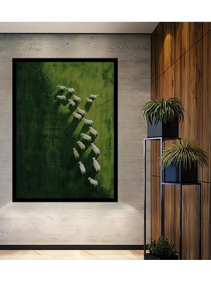 Yeşil Çayırda Sürülen Beyaz Koyunlar Suluboya Görünümlü Ahşap Ev,antre,ofis Tablo Çerçeve Görünümlü