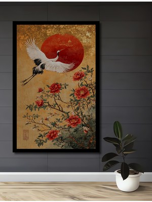 Kızıl Güneş ve Yükselen Turna Yağlı Boya Görünümlü Ahşap Ofis,mutfak Tablo Çerçeve Görünümlü