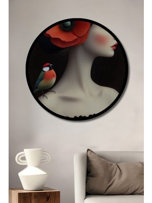 Kırmızı Gelincikli Nazik Yüzlü Kız Kuşlu Ahşap Tablo Yuvarlak Tablo Çerçeve Görünümlü