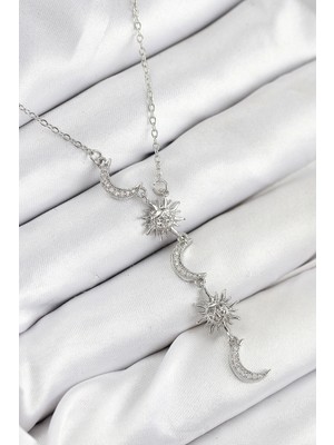 Shopwave 316L Çelik Zirkon Taşlı Güneş ve Ay Model Gümüş Renk Kadın Kolye - TJ-BKO10549