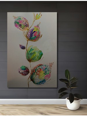 Renkli Çiçek Desenli Sulu Boya Görünümlü Soyut Sanat Dekoratif Ahşap Ev,antre,salon,ofis Tablo