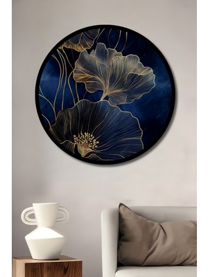 Altın Varaklı Siyah Gül Sulu Boya Görünümlü Ahşap Tablo Yuvarlak Duvar Tablosu Çerçeve Görünümlü