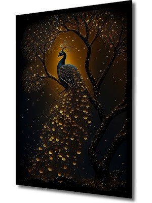 Altın Işıltılı Tavuskuşu Yağlı Boya Görünümlü Ahşap Ev,antre,ofis,mutfak Tablo Çerçeve Görünümlü