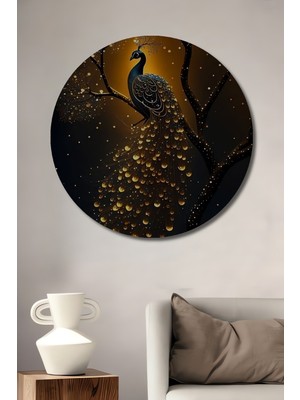 Altın Işıltılı Tavuskuşu Yağlı Boya Görünümlü Ahşap Dekoratif Tablo Yuvarlak Duvar Tablosu