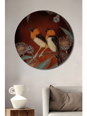 Büyülü Iki Kuş ve Eukaliptüs Çiçekleri Yağlı Boya Görünümlü Ahşap Tablo Yuvarlak Duvar Tablosu