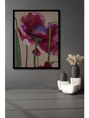 Muhteşem Gelincik Çiçeği Yağlı Boya Görünümlü Modern Sanat Ahşap Dekoratif  Tablo Çerçeve Görünümlü