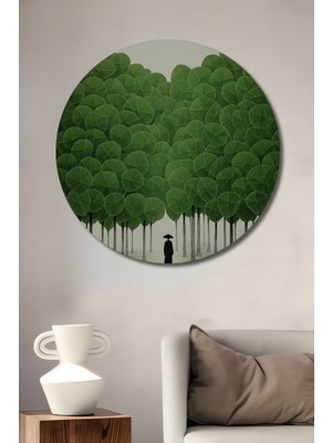 Yeşil Ormanın Gizemi Sulu Boya Görünümlü Ahşap Dekoratif Tablo Yuvarlak Duvar Tablosu